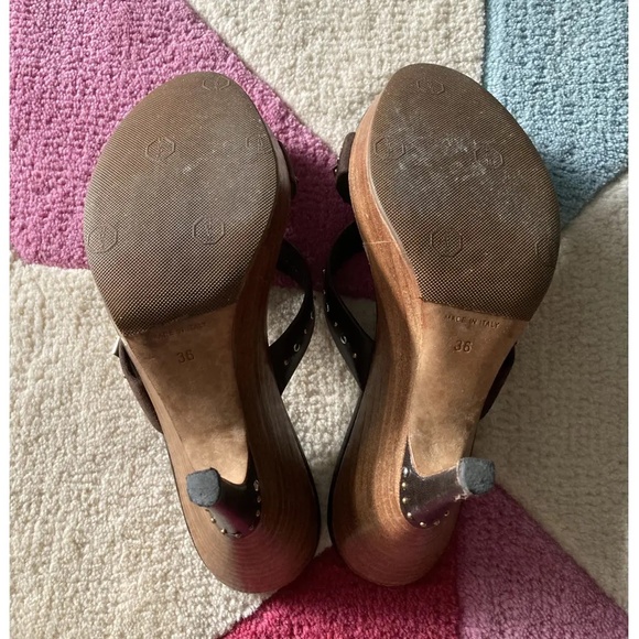 Dior Vintage Y2K Brown Leather Wood High Heel Slide Sandals Mules Studded 36 5.5 - Picture 5 of 5